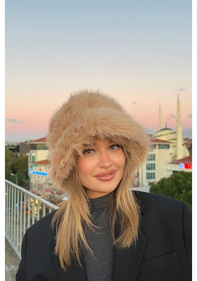 Mollycrush Luxury Kadın Camel Uzun Tüylü Suni Kürklü Peluş Rus Slav Tarzı Bucket Kalpak Şapka Camel