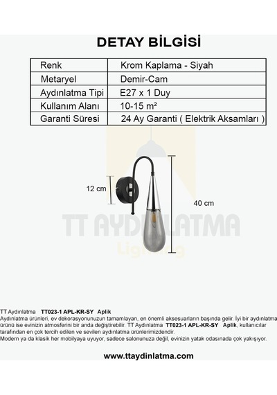 Tt023-1-apl-sy-kr Tt Aydınlatma Damla Modeli Krom-siyah Tekli Apl Krom - Siyah