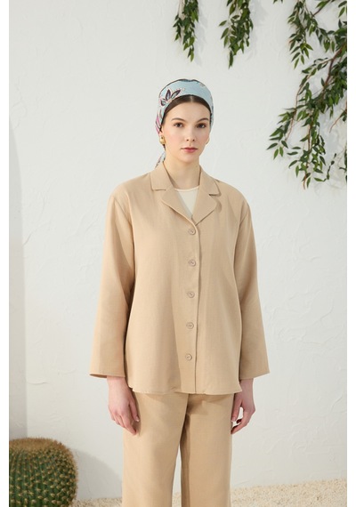 Aker Camel Düşük Omuz Ceket Yaka Pijama Üstü Camel Camel