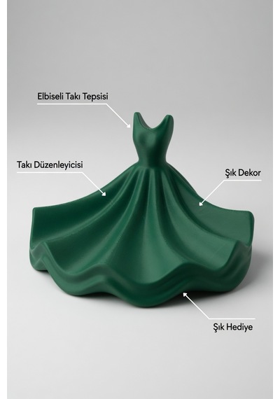 Dekoratif Elbise Tasarımlı Takı Organizer Kolye Yüzük Küpe Standı Makyaj Masası Aksesuar Düzenleyici Yeşil