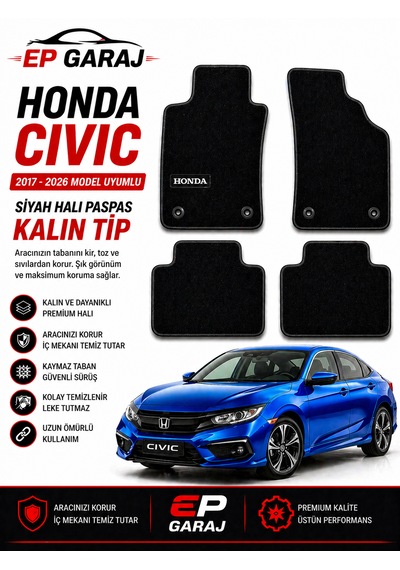 Honda Civic 2017 2026 Uyumlu Siyah Halı Paspas Kalın Tip 4 Parça