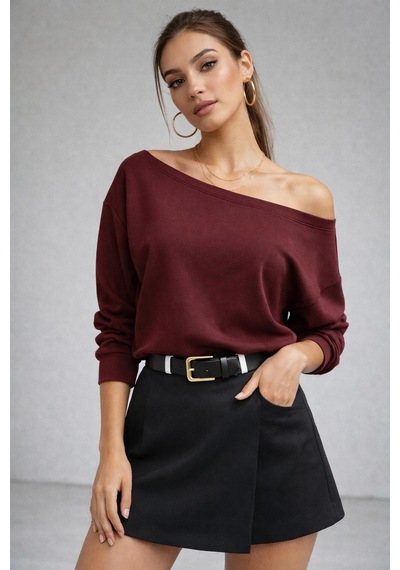 Wild Bee Kadın Bordo Düşük Omuz Modal Bluz