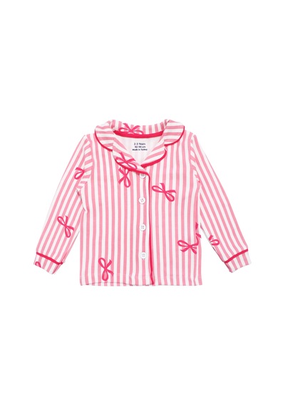 Bebegen Kız Bebek Beyaz Pembe Fiyonklu Çizgili Pijama Takımı Çok Renkli