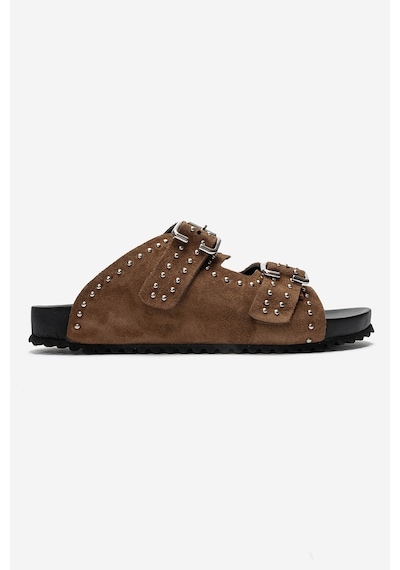 Luvi Shoes Avenelle Toprak Süet Hakiki Deri Çift Bantlı Zımbalı Kadın Terlik