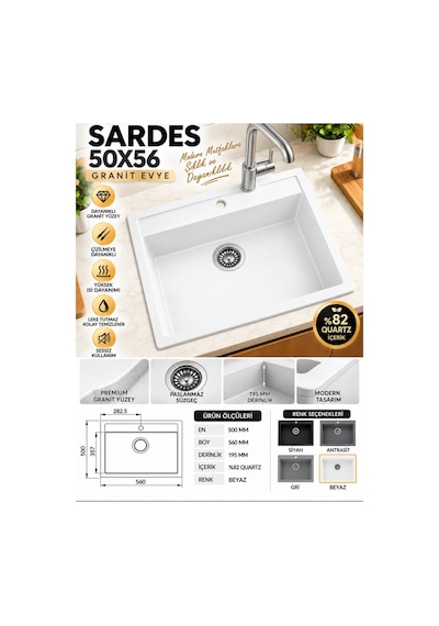Granit Evye Sardes Series Beyaz Renk En:50 Mm Boy :61 Mm Derinlik :195 Mm