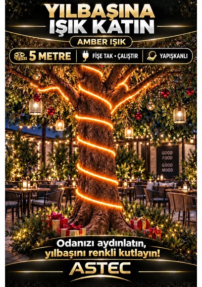 Astec Tak Çalıştır 5 Metre Yapışkanlı Amber Şerit Led Yılbaşı Ağacı Süsü Ve Dekoratif Ev Aydınlatması Fişe 220v