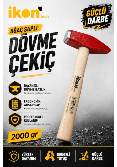 Ağaç Saplı Dövme Çekiç 2000 Gr Dayanıklı Çelik Başlıklı Ahşap Saplı Profesyonel Çekiç