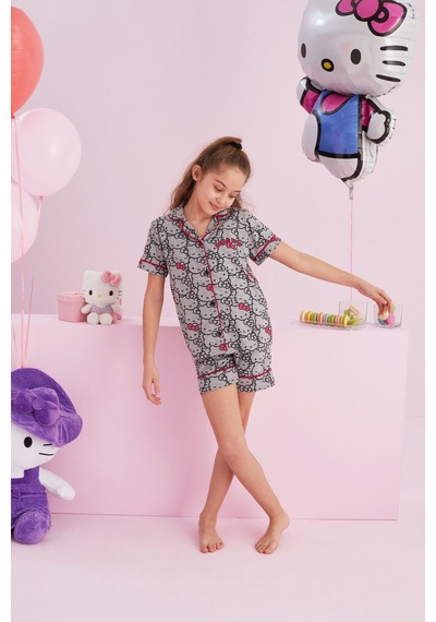 Siyah İnci Lisanslı %100 Pamuk Çok Renkli Düğmeli Biyeli Şort Pijama Takım Hk150 Gri