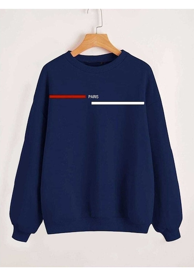 Paris Çizgi Sweatshirt - Lacivert Baskılı Oversize Kışlık Kalın Bisiklet Yaka Lacivert