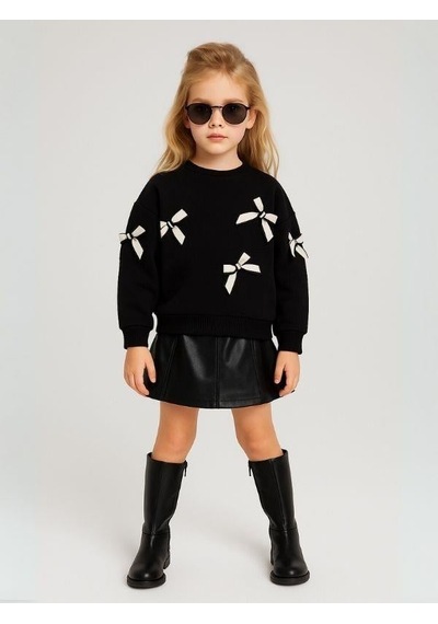 Kız Çocuk Fiyonk Detaylı Sweatshirt-16131 Siyah