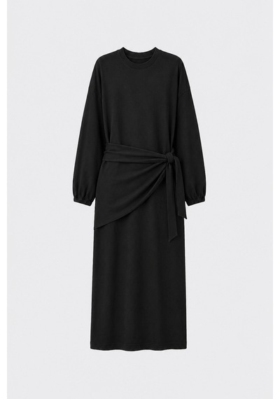Suud Collection Siyah Fey Kuşaklı Penye Elbise