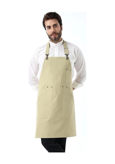 Barista Boyundan Askılı Önlük Kanguru Cepli - Bej Çok Renkli