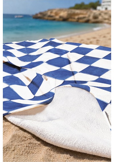 Damalı Kare Desenli Lacivert Beyaz Plaj Havlusu - Geometrik Marine Hızlı Kuruyan Mikrofiber Havlu Serin İncir