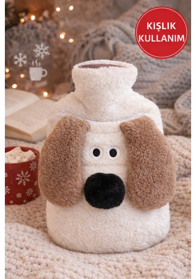 Beyaz Gromit Figürlü Eldivenli Sıcak Su Torbası Peluş Kılıflı, Karın El Isıtıcı Renkli