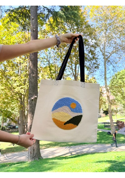 Bolergıashop Monerde Grande Tasarım Canvas Omuz Çantası Bej - Beyaz - Mavi Punch İşleme