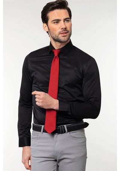 Tudors Slim Fit Dar Kesim Düz Erkek Gömlek-19030 Siyah