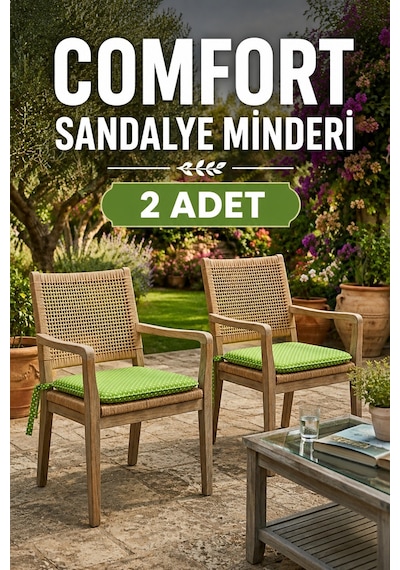 Comfort 2 Adet Sandalye Minderi Bağcıklı Özel Dikişli Süngerli Pamuklu Kumaş Sandalye Minderi Puanlı Yeşil