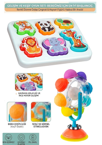 Neşeli Hayvanlar Bultak + Mama Sandalyesi Eğlencesi Vantuzlu Işıklı Dönme Dolap +8 Li Kule