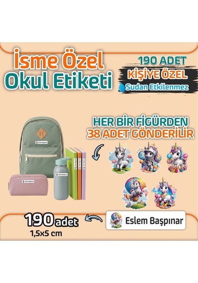 Kapbirhediye Okul Etiketi Isme Özel Kalem Defter Etiketi Unıcorn 2 Temalı 190 Adet Çok Renkli