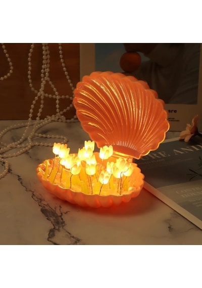 Led Işıklı Kendin Yap Deniz Kabuğu Tasarımlı Lale Lamba Pembe