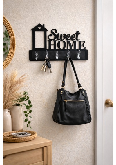 Sweet Home Duvar Askılığı 6 Kancalı Dekoratif Anahtarlık Ve Askı 39 X 28 Cm Siyah Siyah