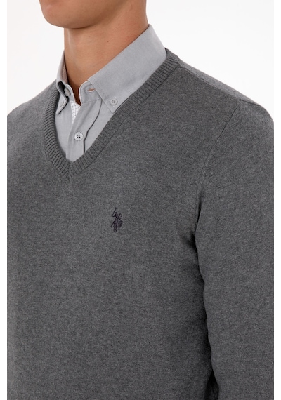 U.S. Polo Assn. Erkek Slim Fit V Yaka Gri Melanj Basic Triko Kazak 50313662-VR086