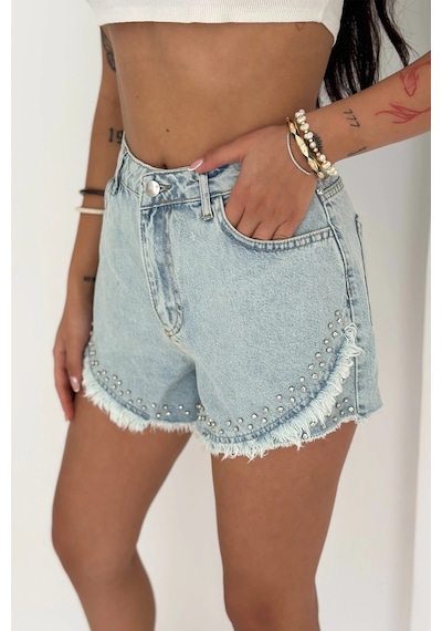 Püskül Taş Detaylı Denim Şort Mavi