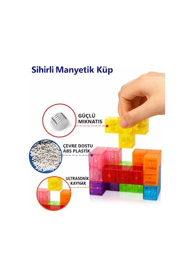 Manyetik Küp Blok 7 Parça Şeffaf Renkli Zeka Ve Stem Yapı Oyuncağı 54 Kartlı 6 X 6 X 6 Cm