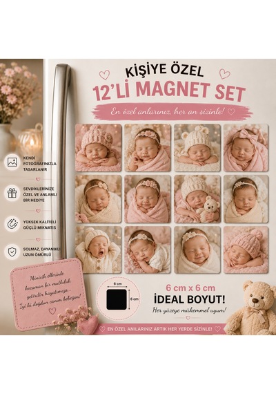 12'li Kare Fotoğraf Magneti Yenidoğan Kız Bebeğe Kişiselleştirilebilir İlk Anılar Hediye Seti