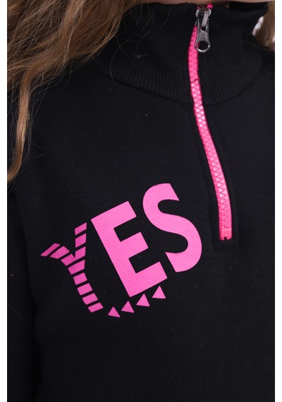 Kız Çocuk Relax Fit Dik Yaka Fermuarlı Baskılı Sweatshirt - 3 İplik Şardonlu Siyah