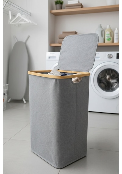 Bambu Çerçeveli 75 Litre Kapaklı Katlanabilir Kirli Çamaşır Sepeti, 60x40x30 Gri