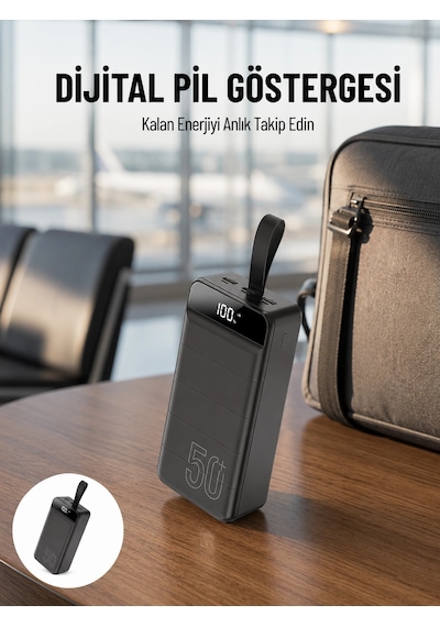 Powerbank 50.000 Mah Dijital Göstergeli Taşınabilir 4 Portlu Hızlı Powerbank Yeni Nesil Siyah