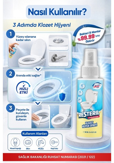 Resteril Klozet Kapağı Temizleyici 100ml Çanta Boy Hızlı Etkili Dezenfektan Sprey Alkolsüz Hipokloröz Asit Tuvalet Koku Giderici 100 ML