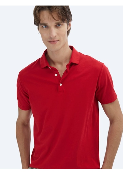 Kip Kırmızı Düz Polo Yaka %100 Pamuk T-shirt Kırmızı
