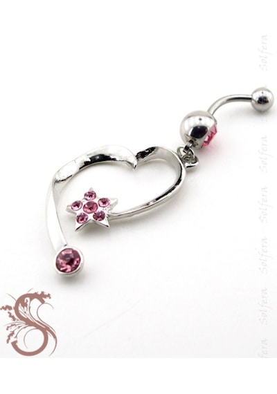 Pembe Taşlı Kalp Yıldız Cerrahi Çelik Göbek Piercing P424 Pembe
