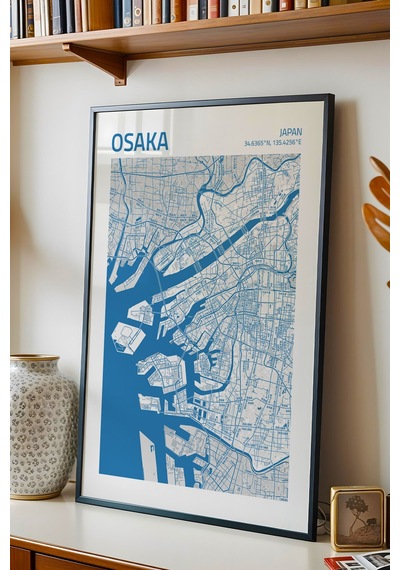 Osaka Japonya Japan Haritası Çerçeveli Tablo Lüks Salon Ofis Duvar Dekorasyonu Hediyelik Tablo Siyah