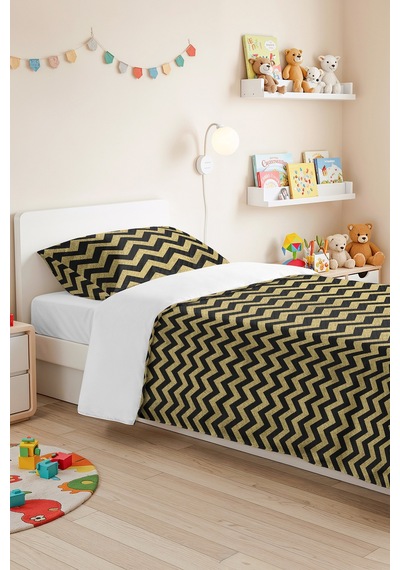 Siyah Gold Geometrik Zigzag Genç Odası Tek Kişilik Pike Takımı-altın Renkli Yatak Örtüsü-160x220 Cm Sarı