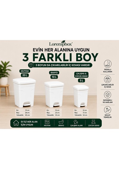 Tr Lorempbox 3'lü Pedallı Çöp Kovası Seti 20 L + 10 L + 5 L Çıkarılabilir İç Kovalı Diğer