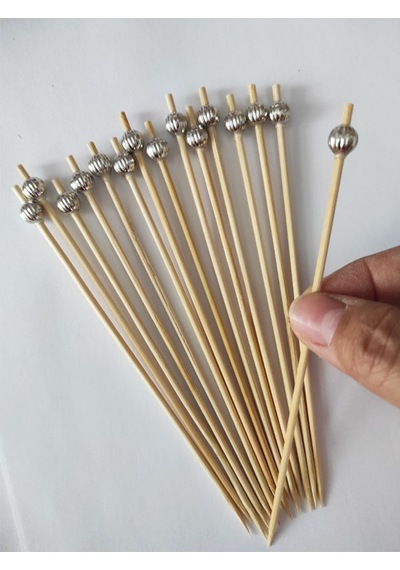 15 Cm Uzun Kürdan - 30 Adet Dekoratif Gümüş Çizgili İnci Boncuklu Kokteyl Karıştırıcı