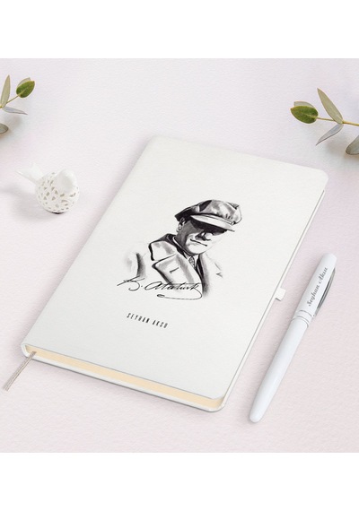 Kişiye Özel Atatürk Temalı Beyaz Defter ve Kalem Seti Beyaz