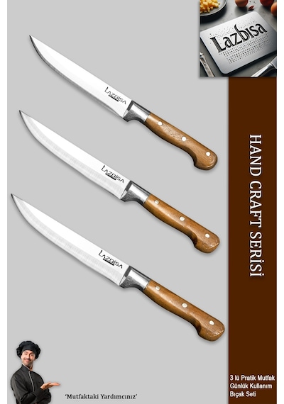 Lazbisa Mtf-003 Hand Craft Mutfak Bıçak Seti Et Ekmek Sebze Meyve Bıçağı 3 Lü Set Günlük Kullanım