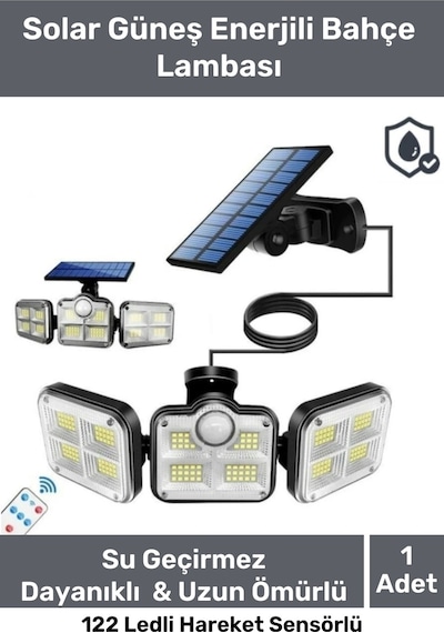 Premium Kumandalı Solar Güneş Enerjili 122 Ledli Hareket Sensörlü Bahçe Aydınlatma Sokak Lambası