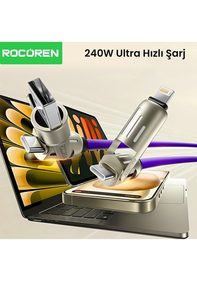 Rocoren 240w 4'ü 1 Arada Type-c / Usb-a / Lightning Mor Silikon Şarj Ve Data Kablosu 1.2 Metre
