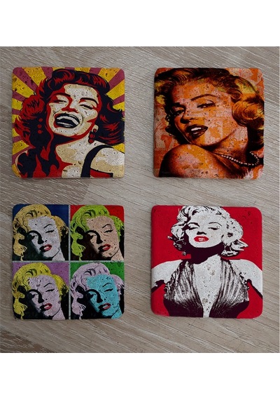 Marilyn Monroe Pop Art Ve Portreleri Doğal Taş Bardak Altlığı 4'lü Set - Natural Stone Coasters - Taş Çok Renkli