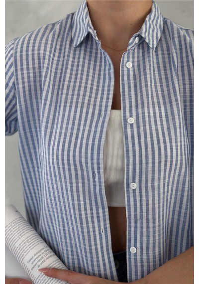Femelle Kadın Mavi Çizgili Slim Fit %100 Pamuk Gömlek