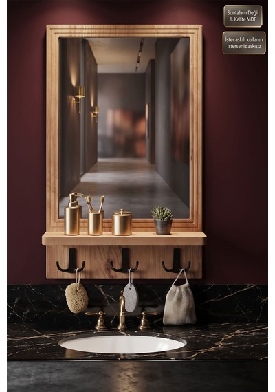 Antik Ahşap Dekoratif Ayna Raflı Askılıklı Banyo Lavabo Wc Oda Dresuar Koridor Konsol Mutfak Makyaj Aynası Srn-15x Atlantik Çam