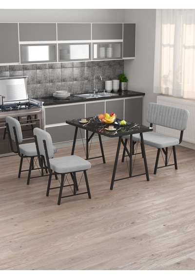 Hayat 70x110cm Sabit Bendir Mutfak Masası, Mutfak Masası Takımı, Yemek Masası, 2 Sandalye 1 Bench - Açık Gri Açık Gri