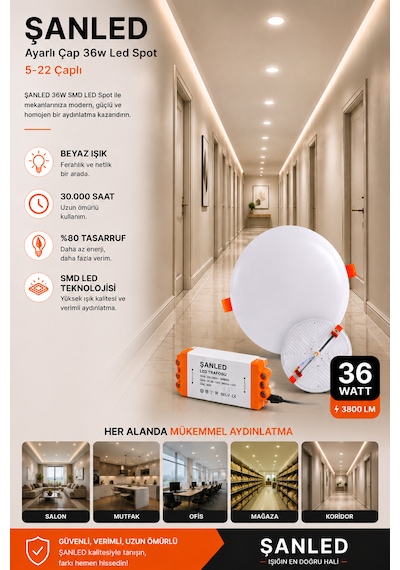 36w Ayarlı Çap Tasarruflu Led Yuvarlak Beyaz Işık Sıva Altı Slim Spot Aydınlatma Armatürü-10 Adet