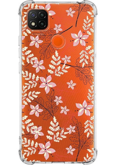 Xiaomi Redmi 10a Köşe Korumalı Antişok Kapak Floral Kırmızı Tasarımlı Şeffaf Silikon Kılıf