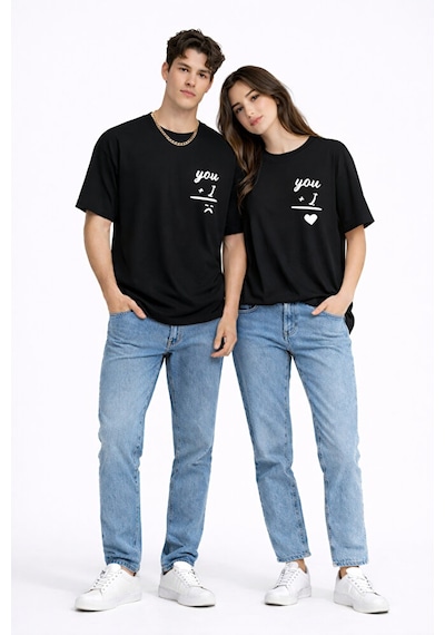 Sevgili Kombini You I Yazılı Çift Tişört Oversize Unisex Partner Kombin Seti Siyah